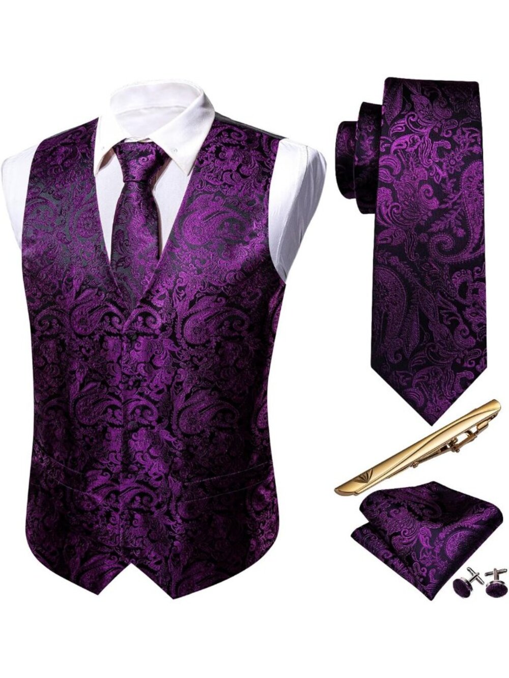 Stylish Men's Paisley Silk Tie Vest Set - 5PCS Formal & Casual Wear